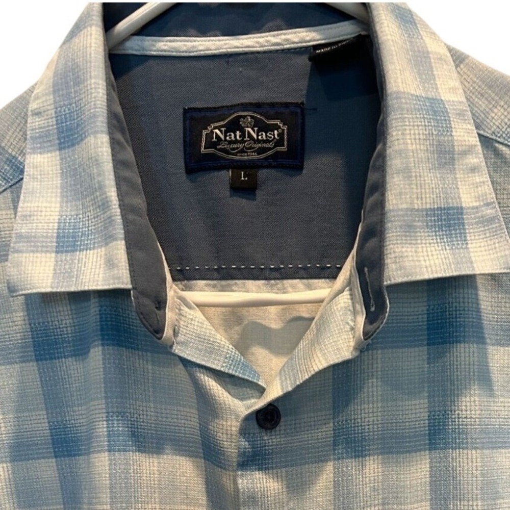 Nat Nast Button Down Shirt Large Men's Blue‎ Silk Cotton Plaid Short Sleeve